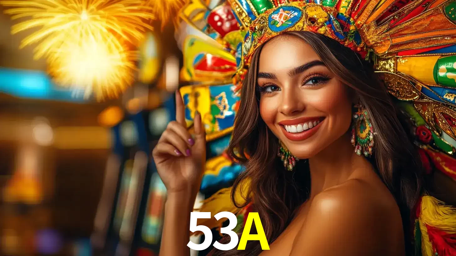 Mulher sorridente com um cocar de carnaval vibrante e colorido, celebrando uma grande vitória nos jogos do cassino 53A com fogos de artifício ao fundo.