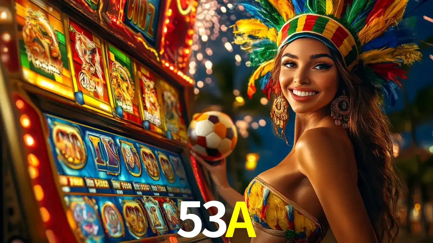 Mulher com um cocar de carnaval ao lado de uma máquina de caça-níqueis enquanto segura uma bola de futebol, mostrando a união da diversão de cassino e esportes no 53A.