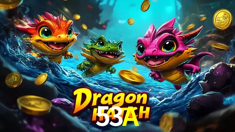 Arte promocional do jogo Dragon Hatch com três adoráveis dragões bebês nadando entre moedas de ouro, um dos slots mais divertidos para jogar no cassino 53A.