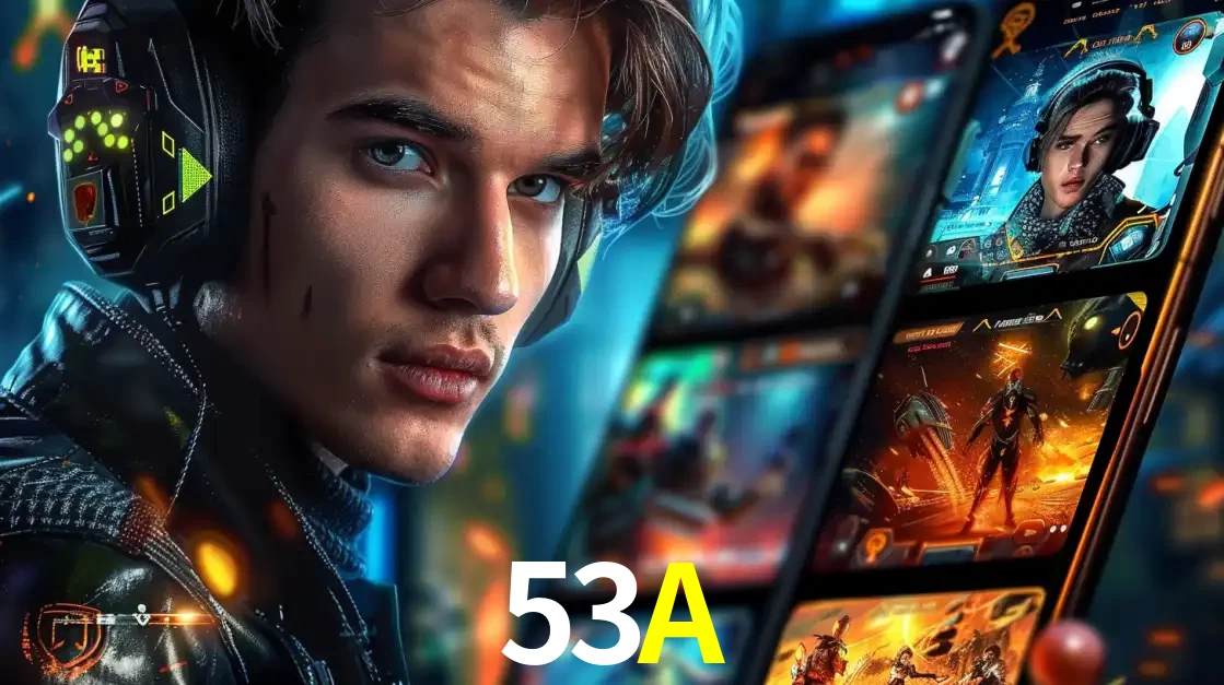 Jovem jogador com fones de ouvido olhando para a câmera, com um aplicativo de jogos e e-sports para celular ao fundo, pronto para a competição e apostas no 53A.