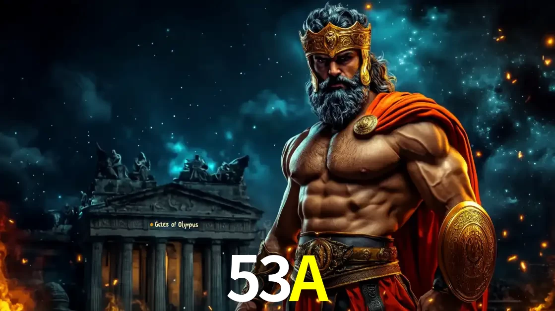 O poderoso Zeus do jogo de slot Gates of Olympus em frente ao seu templo, pronto para lançar multiplicadores divinos e prêmios épicos no cassino online 53A.