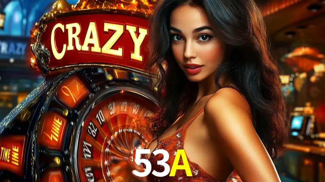 Mulher glamourosa olhando para a câmera com a roda vermelha do Crazy Time ao fundo em um ambiente de cassino, destacando a emoção dos jogos ao vivo no 53A.