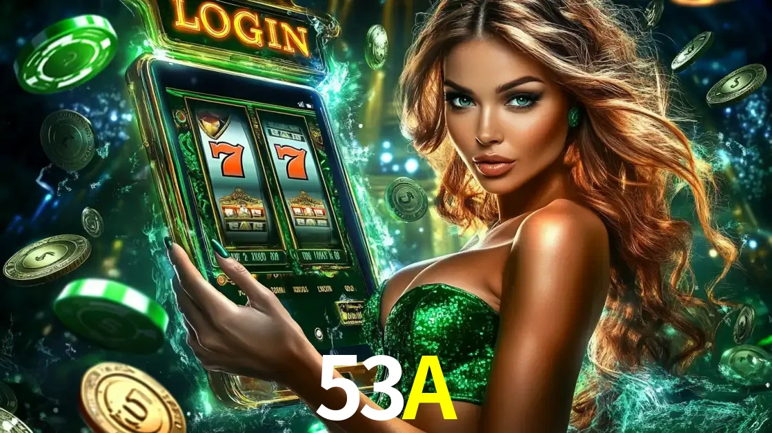 Mulher com tema verde apresentando o aplicativo do cassino 53A com um jogo de slot de 777, cercada por fichas de cassino e uma aura de sorte.