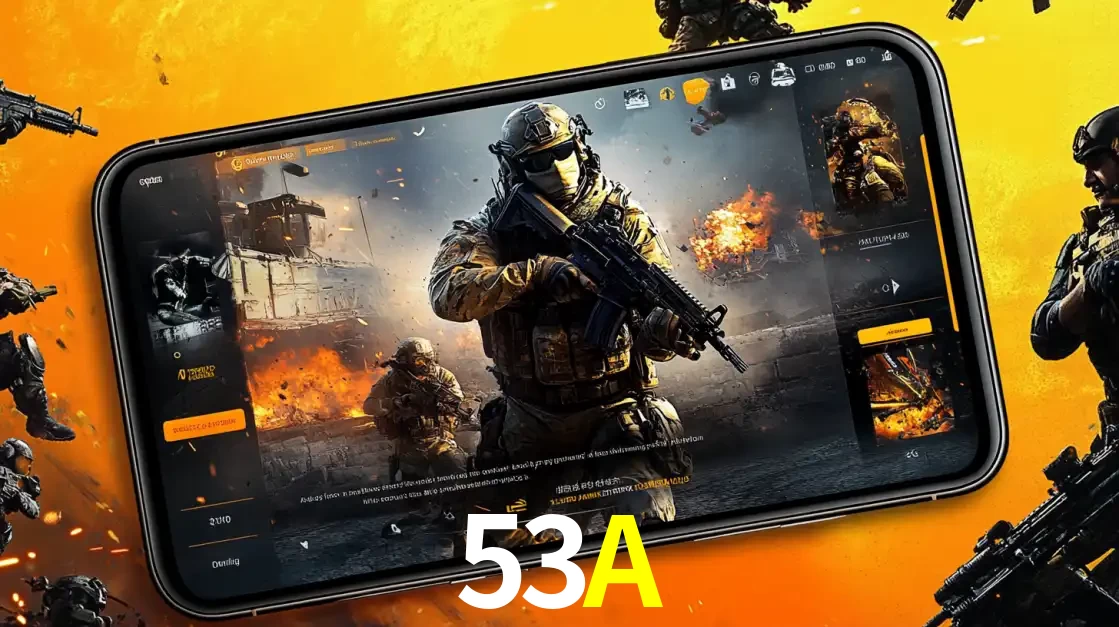 Um smartphone exibindo a interface de um jogo de tiro em primeira pessoa, com um soldado em um cenário de batalha, representando a ação dos e-sports para apostar no 53A.