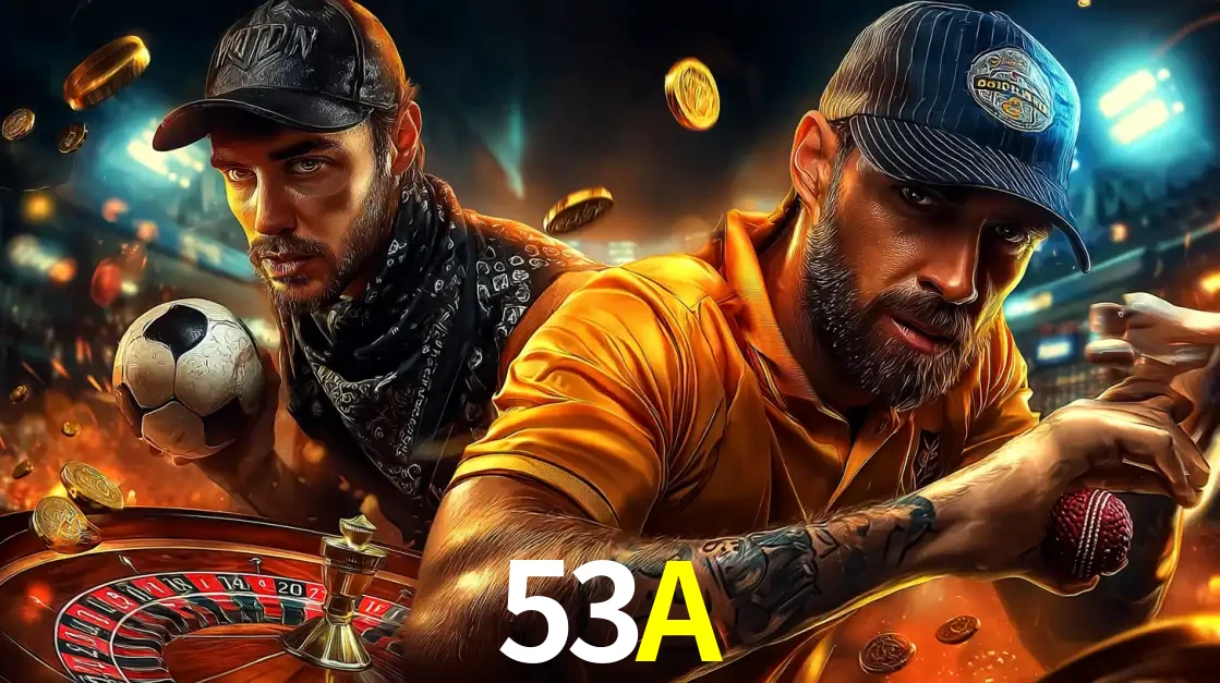 Montagem de apostas esportivas e cassino no 53A, com um homem segurando uma bola de futebol e outro uma de beisebol sobre uma roleta e moedas voadoras.