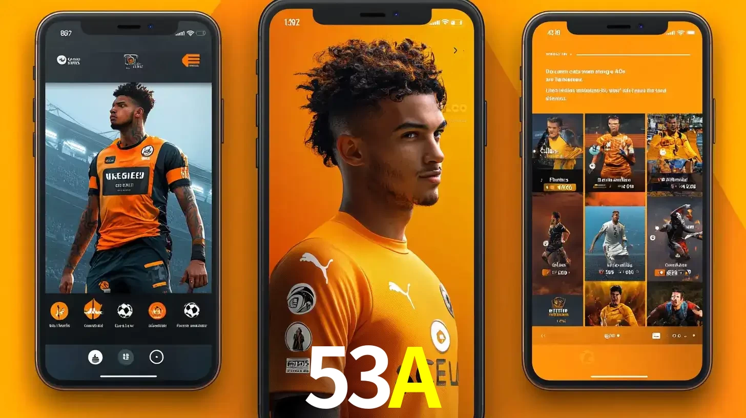 Interface do aplicativo de apostas esportivas 53A em três telas de celular, mostrando o perfil de um jogador de futebol e a lista de jogos disponíveis para apostar.