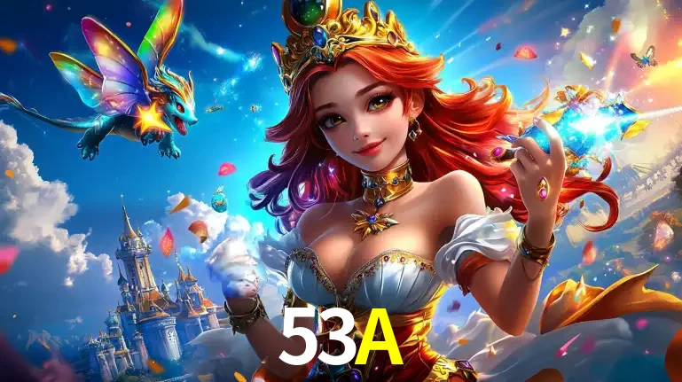 A princesa de um reino de fantasia mágico, com seu pequeno dragão, apresentando um mundo de prêmios encantados nos jogos de caça-níqueis do cassino 53A.