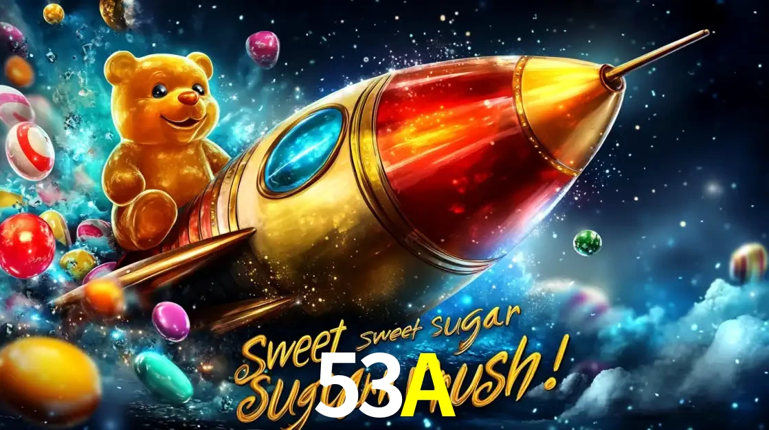 Arte promocional do jogo de slot Sugar Rush, com um urso de pelúcia em um foguete viajando pelo espaço de doces, um dos jogos divertidos disponíveis no cassino 53A.