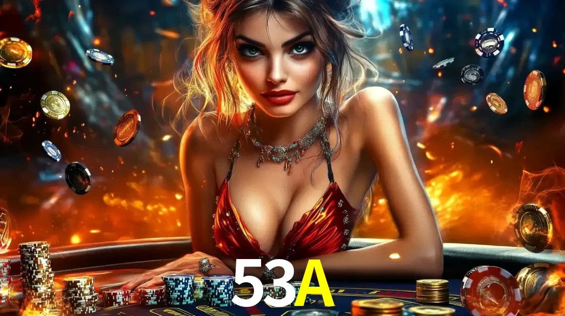 Mulher em uma mesa de cassino com pilhas de fichas e um fundo de fogo, pronta para uma rodada de altas apostas nos jogos de mesa emocionantes do cassino 53A.