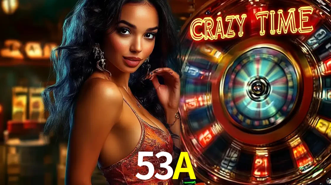 Mulher elegante ao lado da vibrante roda da fortuna do jogo de cassino ao vivo Crazy Time, um dos game shows mais populares e cheios de prêmios do 53A.