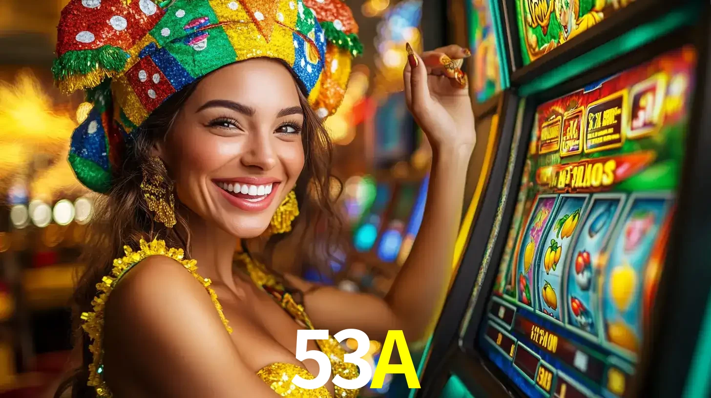 Mulher feliz com traje de carnaval amarelo e colorido ao lado de uma máquina de caça-níqueis, aproveitando a diversão e os jogos temáticos do cassino 53A.