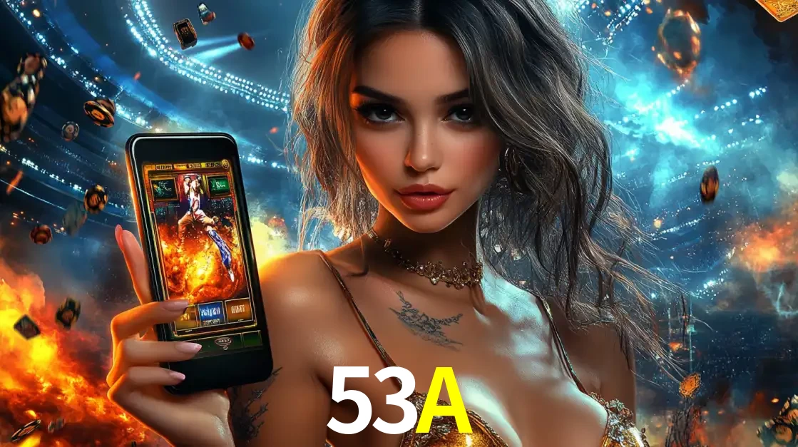Mulher segurando um celular com um jogo de slot em destaque, tendo como fundo um estádio vibrante, simbolizando a emoção de jogar no cassino móvel 53A.