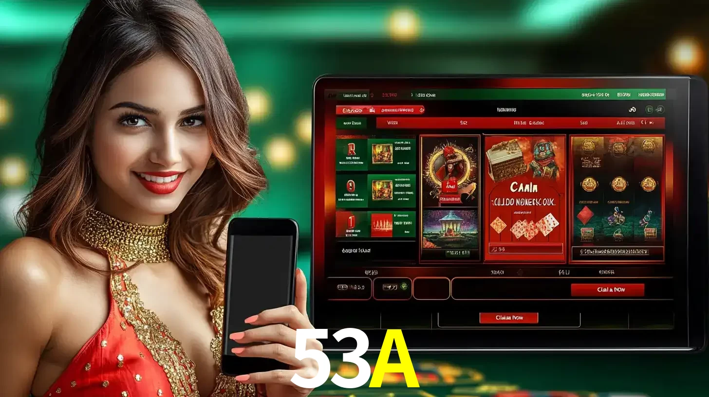 Mulher sorridente segurando um smartphone, ao lado de uma tela exibindo o lobby de jogos do cassino online 53A, com várias opções de jogos de cartas e slots.